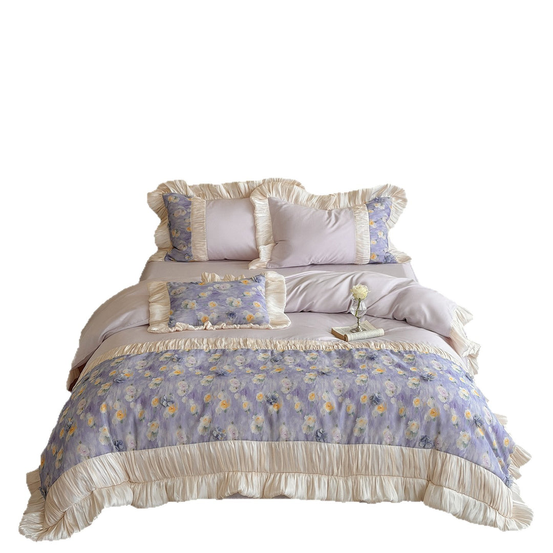 Floral Rüsch Baumwollsatin Bettbezug Set mit gefälteltem Saum und wendbaren Kissenbezügen