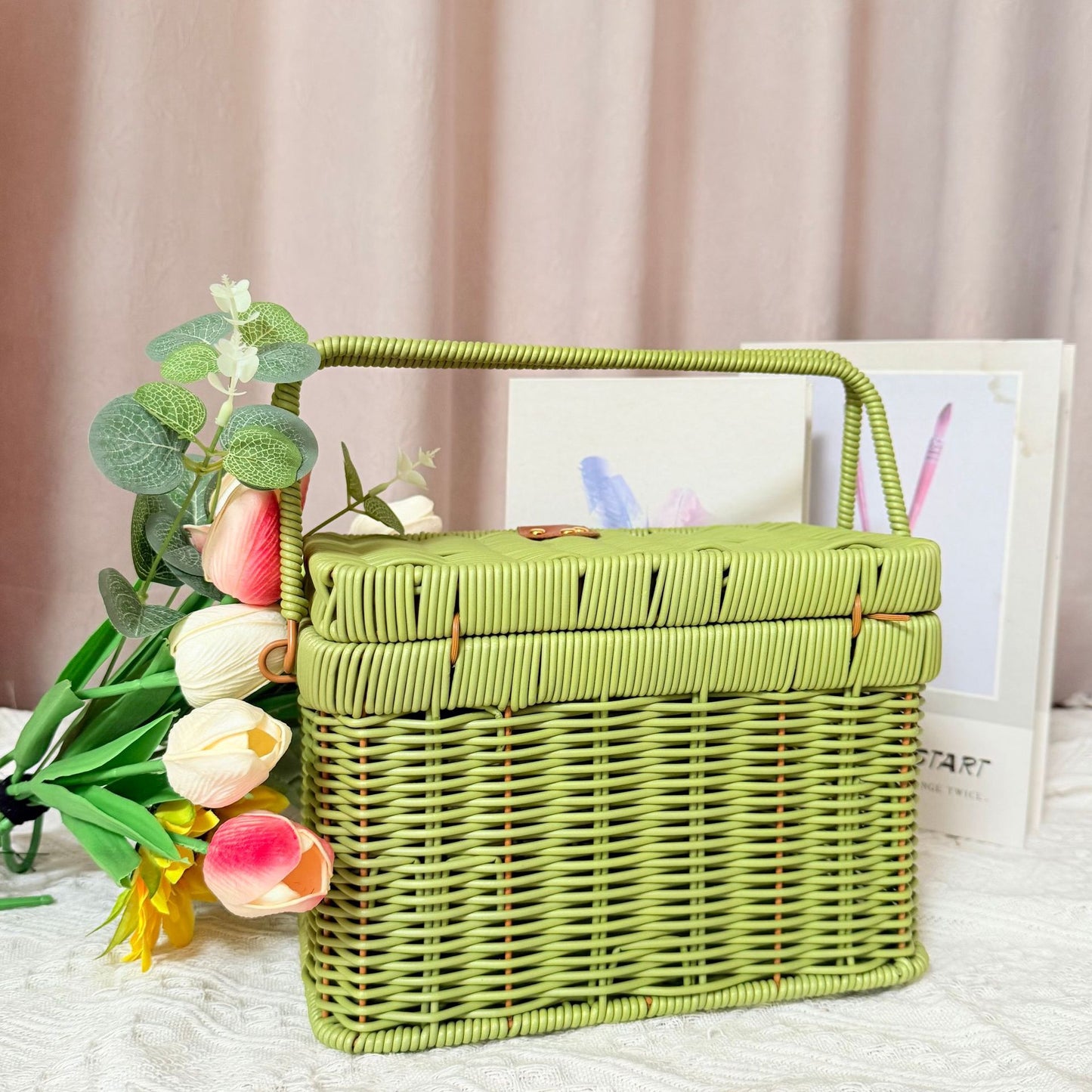 Damen Handgefertigter Rattan Picknickkorb Karnz