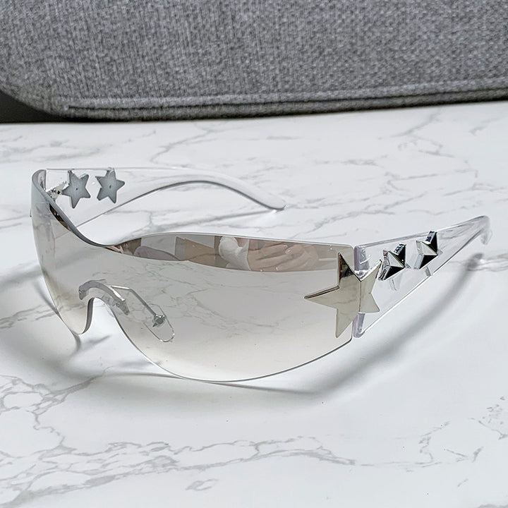 Damen stylische Sportsonnenbrille mit Drittelrahmen und auffälligen Sternenakzenten Karnz