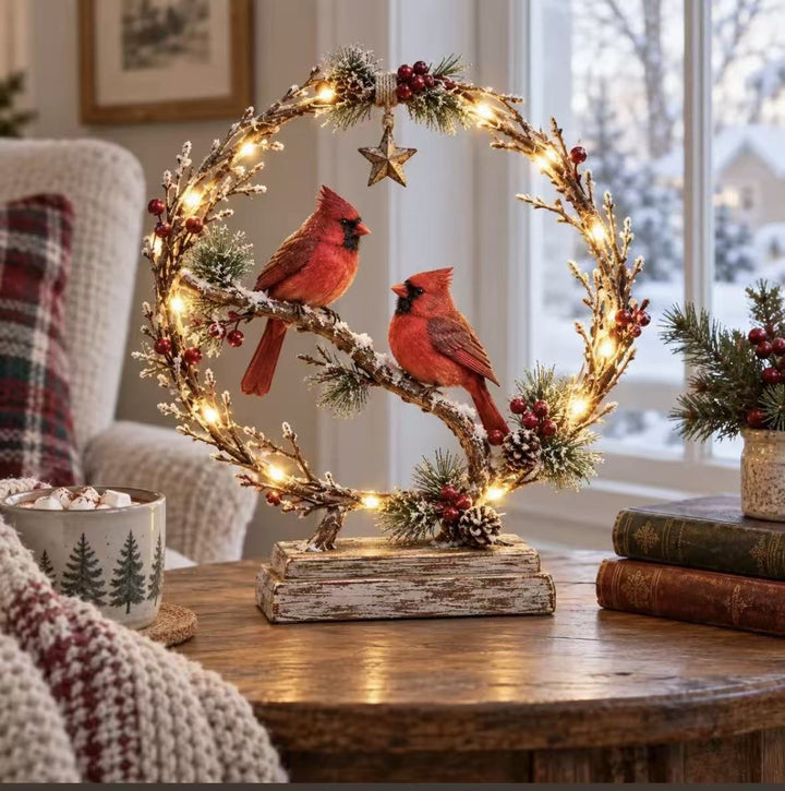 Dekorativer Weihnachtskranz mit Lichtern und Vögeln Karnz
