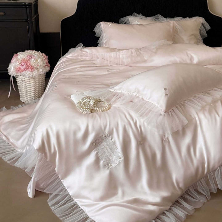 Satin Rüschentüllbesatz Knopfverschluss Bettbezug Set
