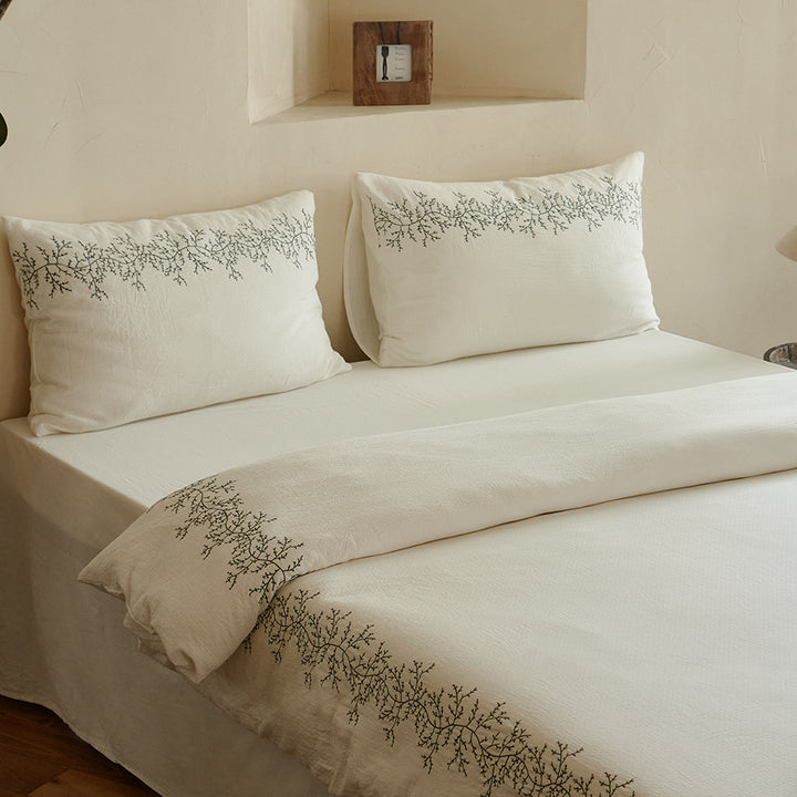 Bestickte Leinen-Baumwoll Bettbezug Set mit botanischem Rand