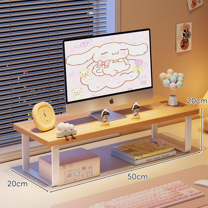 Kompakte Holz-Desktop-Monitorerhöhung mit Metallbeinen und unterer Ablagefläche
