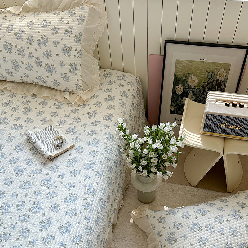 Gep quiltetes Polka-Dot-Bettwäsche-Set mit Ösen-Spitze Rüsch Kissenbezügen