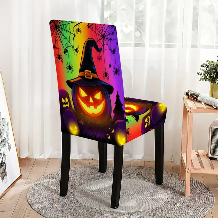 Elastische Stretch-Stuhlhusse für hohe Rückenlehnen mit detailreichem Halloween-Kürbis-Print