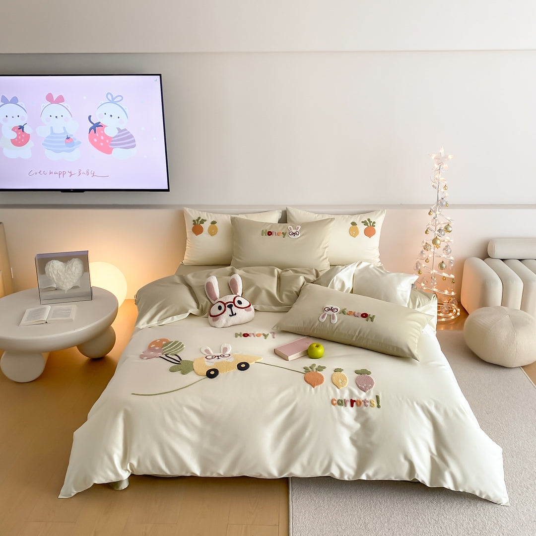 Kinder bestickte Baumwollsatin Bettbezug Set