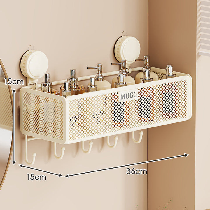 Wandmontierter Saugnetz-Badezimmer-Organizer-Regal mit Multi-Haken-Regal