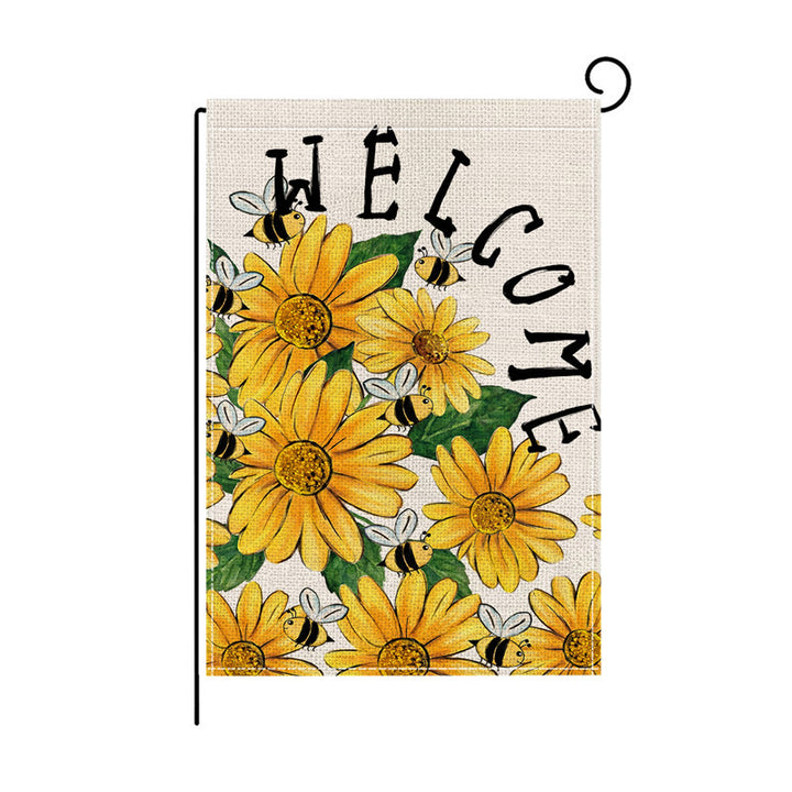 Dekorative Jute-Textur Willkommen Gartenflagge mit Blumenkorb-Illustration