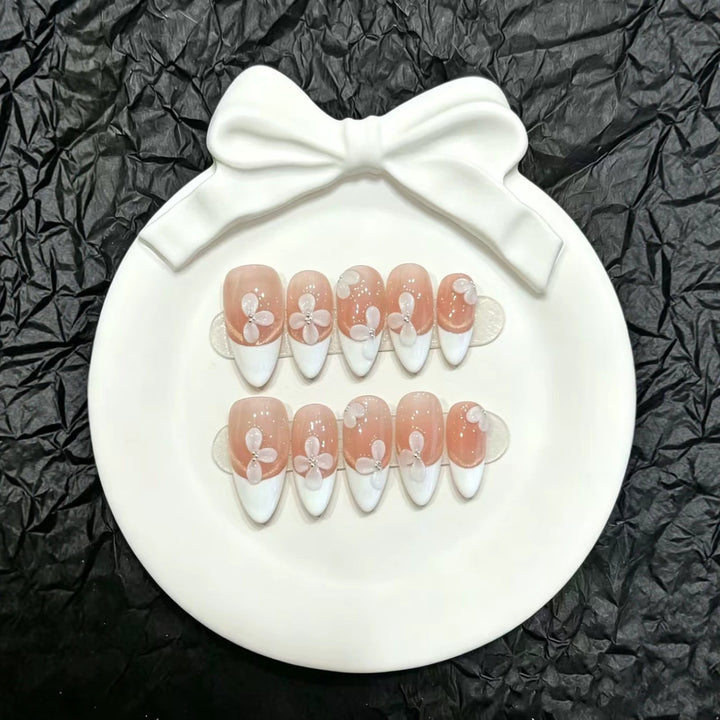Französische Tip Blumen Press-On Nagel Set