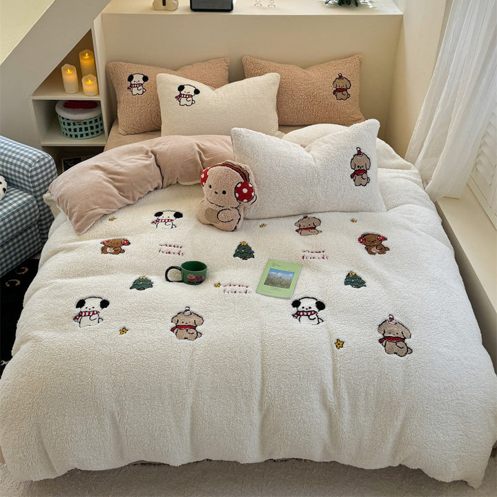 Plüsch-Steppbett-Garnitur mit Kaninchen-Stickerei und Sherpa-Oberfläche