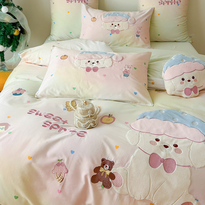 Plüsch Bestickte Baumwollsatin Cartoon Schaf Bettwäsche Set mit Dekokissen und Kissenbezügen