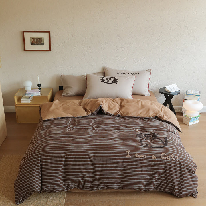 Striped Reversible Cotton Sateen Duvet Cover Set with Paw-Print Accent & Pillow Shams