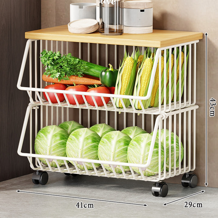 Vertikaler Fünf-Tier-Rollwagen für die Lagerung von Küchenprodukten mit Holzoberfläche und herausziehbaren Drahtkörben