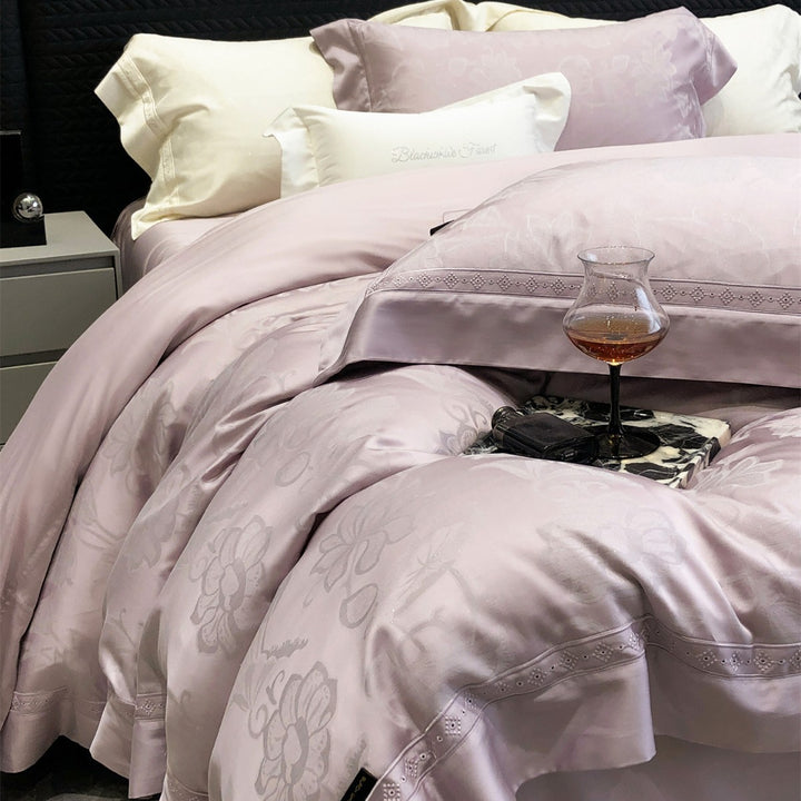 Premium Floral Jacquard Sateen Bettbezug Set mit besticktem Saum