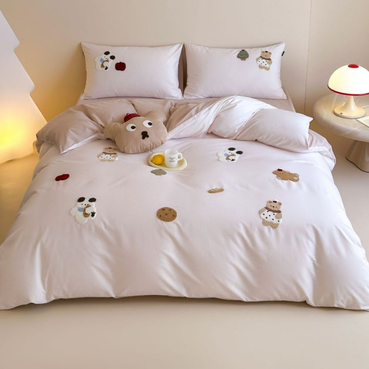 Teddy bestickte Baumwollbettwäsche und Kopfkissenbezug Set mit plüschigem Akzentkissen