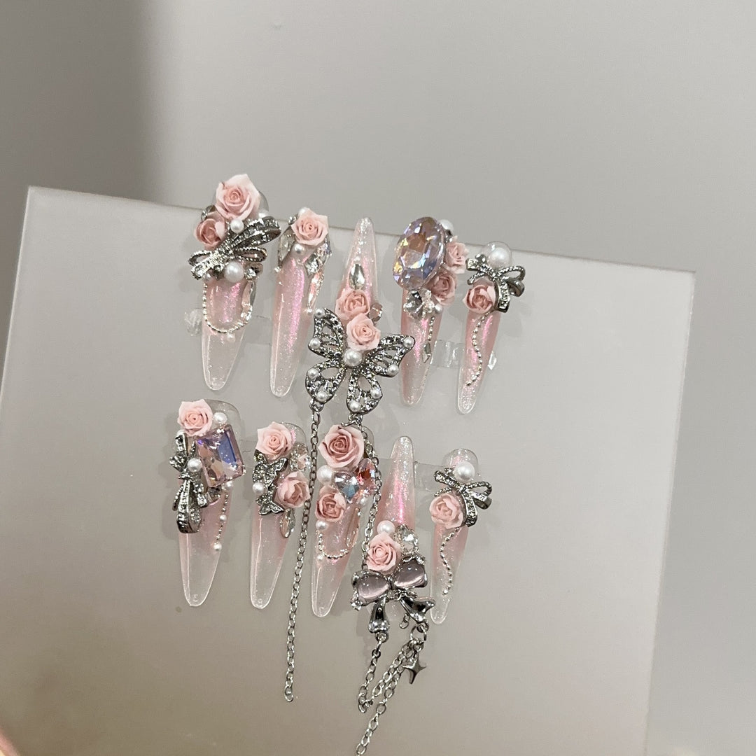 Blumenverzierte Stiletto Press-On Nagel Set