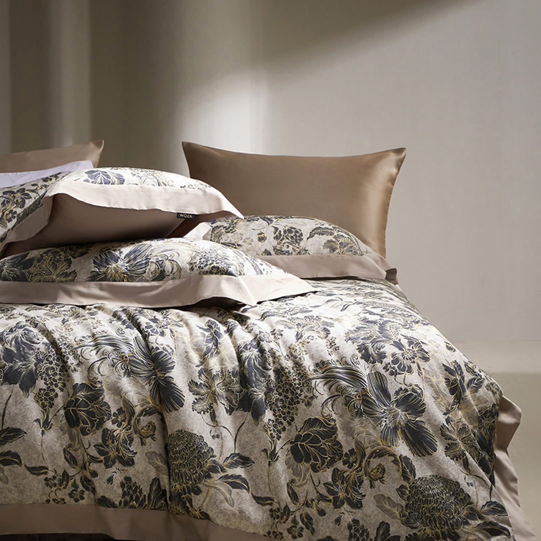 Botanisches Rosenmotiv Baumwoll-Satin Bettbezug-Set mit Seiden-Feeling Rand
