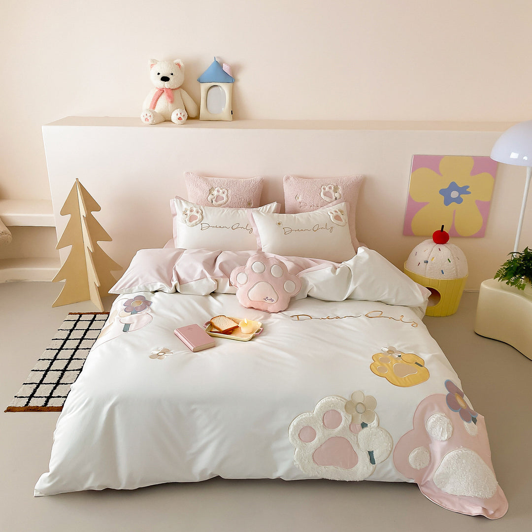 Plüsch-Pfoten-Applikation Baumwollsatin Bettbezug Set