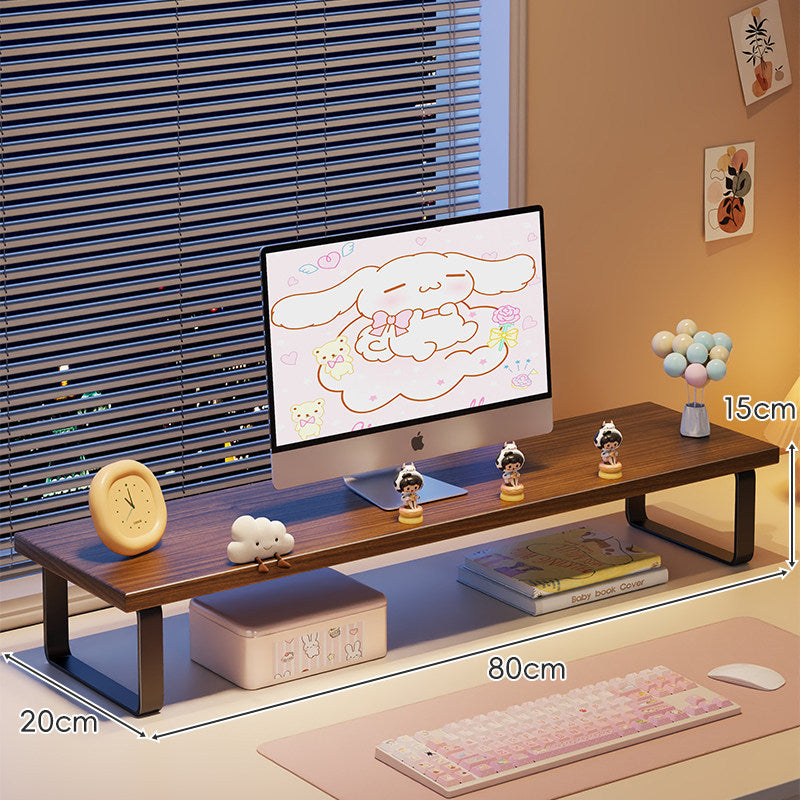 Kompakte Holz-Desktop-Monitorerhöhung mit Metallbeinen und unterer Ablagefläche