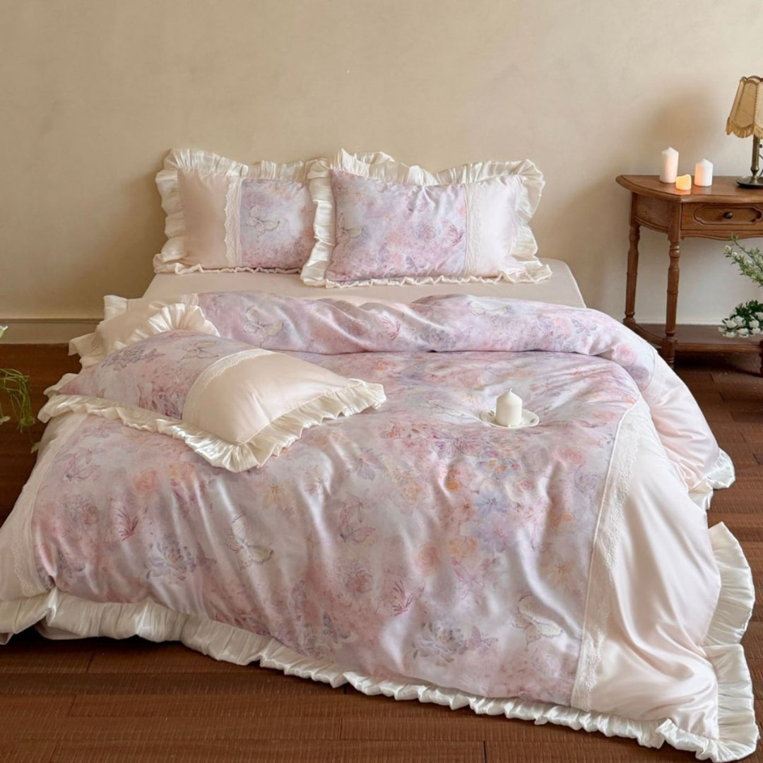 Luxury Floral Ruffle Duvet Cover Set with Lace Trim