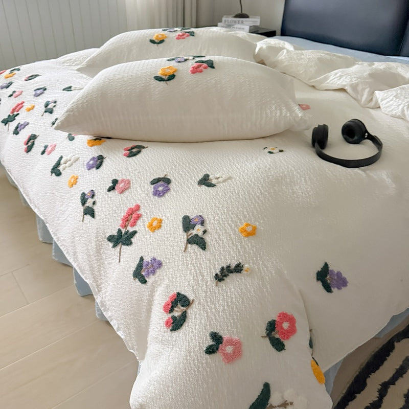 Texturiert Gesticktes Floral Bettbezug-Set mit Tufted Applikation