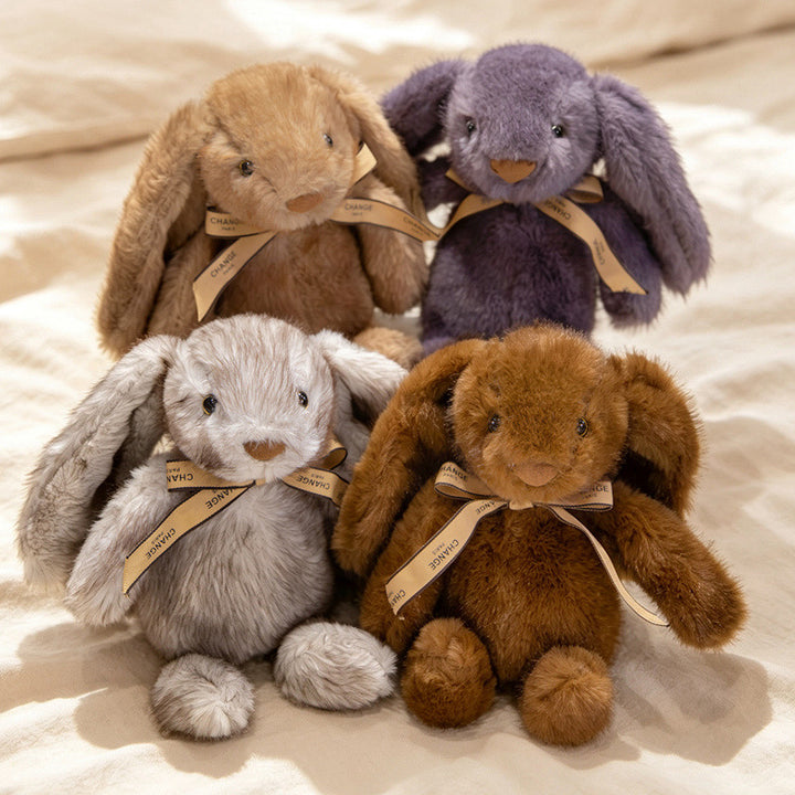 Squat Plush Bunny Cuddle Doll mit langen hängenden Ohren, gewichtetem Boden und Grosgrain-Band Karnz