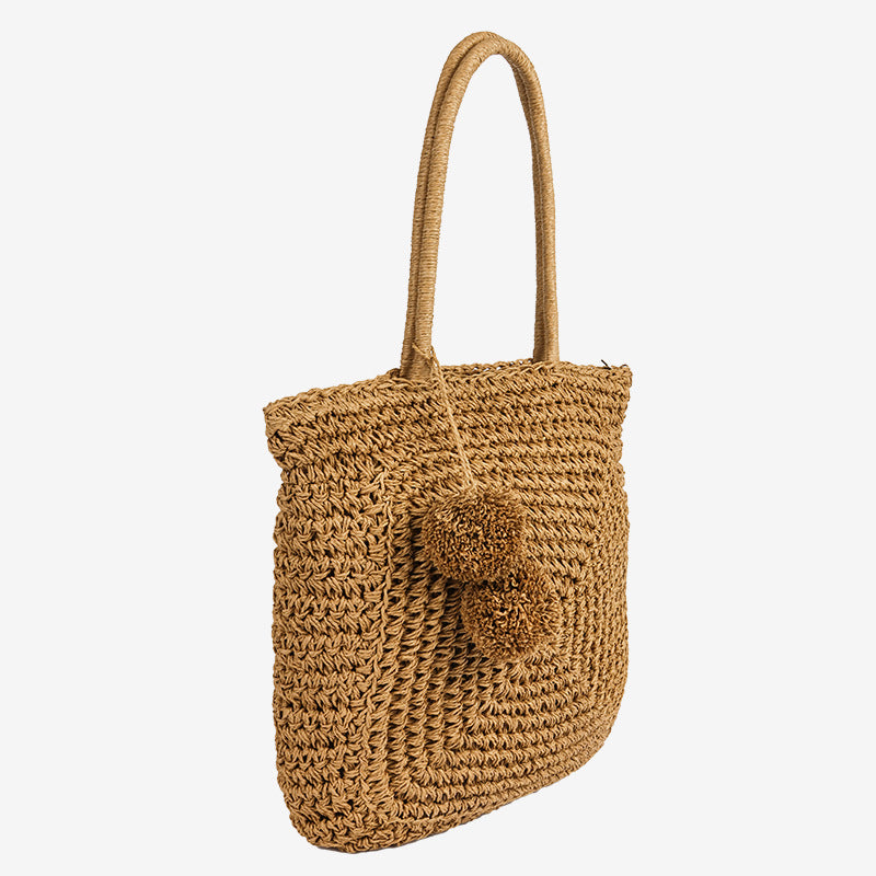 Damen Handgefertigte Basttasche mit verspieltem Pompon-Detail Karnz