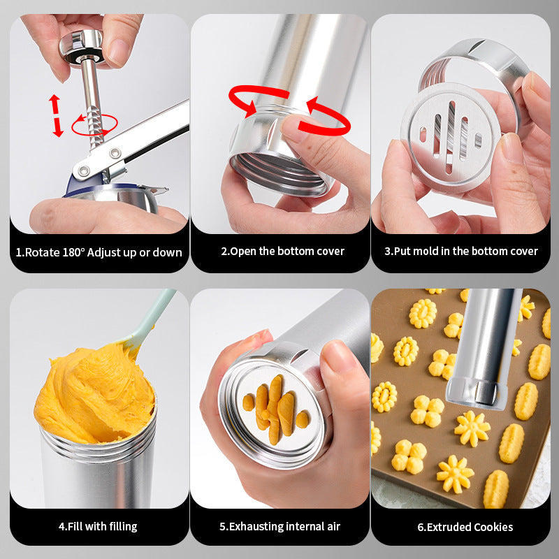 Adjustable Stainless Steel Cookie Press Set with Assorted Decorative Discs and Icing Nozzles