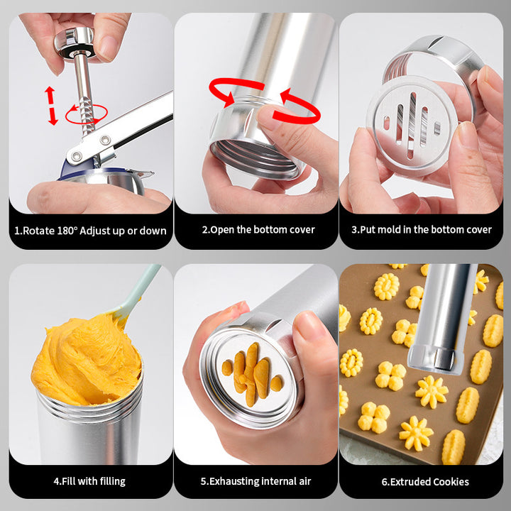 Adjustable Stainless Steel Cookie Press Set with Assorted Decorative Discs and Icing Nozzles