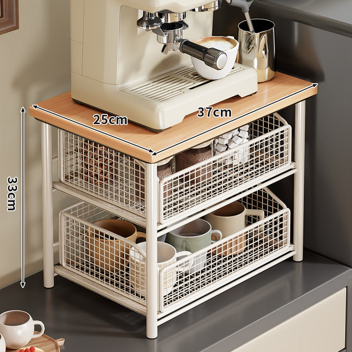 Kompakte Zwei-Ebenen-Countertop-Kaffee-Station-Organizer mit Holzoberfläche und herausziehbaren Drahtgitterkörben
