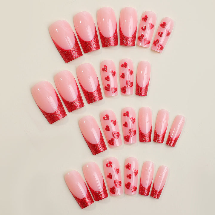 Premium Dekorativer Press-On Nagelset mit Herz- und Glitzerdesigns Karnz
