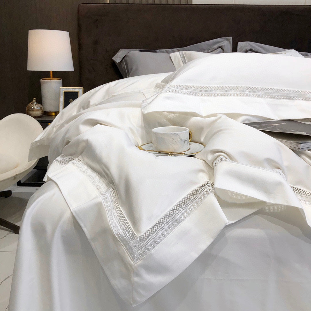 Seidig Baumwolle-Satin Hemstich Bettdeckenbezug Set mit maßgeschneiderter Bettschürze & Oxford Kissenbezügen