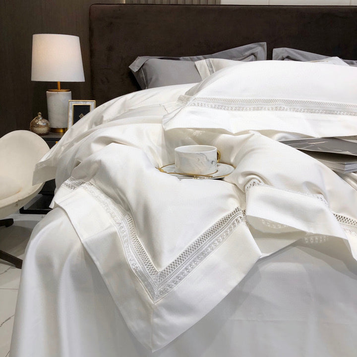 Seidig Baumwolle-Satin Hemstich Bettdeckenbezug Set mit maßgeschneiderter Bettschürze & Oxford Kissenbezügen