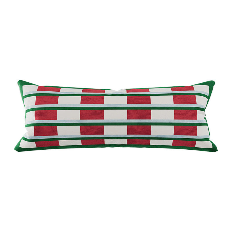 Long Lumbar Velvet Pillow Cover with Checkerboard Textured Panel and Hidden Zipper
