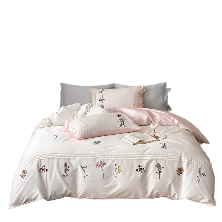 Bestickte Floral Baumwoll Bettbezug Set mit Wendbarem Satin-Gefühl Futter und Band-Bindung Kissenbezüge