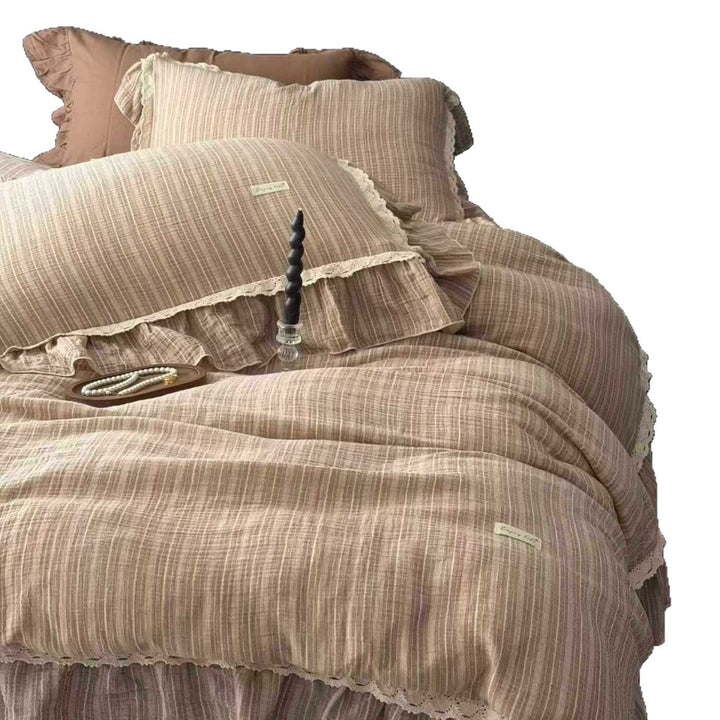 Vintage-Textured Gauze Duvet Cover Set with Layered Ruffle Hem & Crochet Lace Edge
