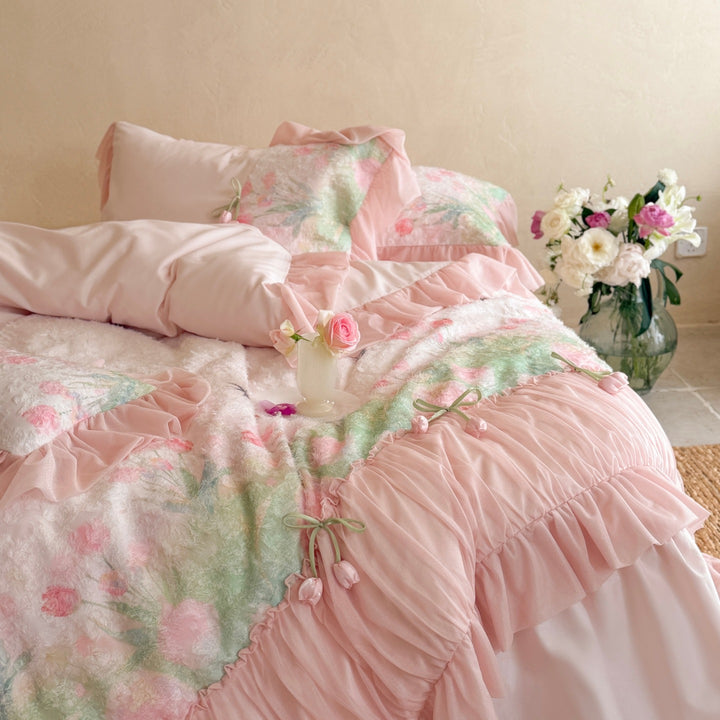 Romantisches Rüschiges Bettwäsche-Set mit floraler Vintage-Print- und Dekokissen-Garnitur