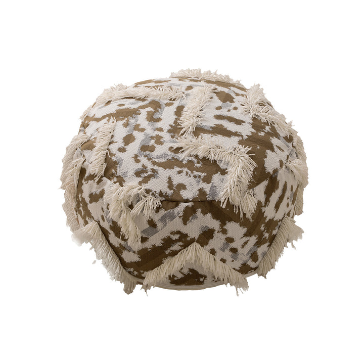 Runder gewebter Sitzpouf mit Boho‑Quasten und strukturierter Tuftoberfläche