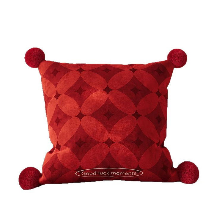 Decorative Velvet Square Throw Pillow with Corner Pom-Poms and Geometric Floral Emboss