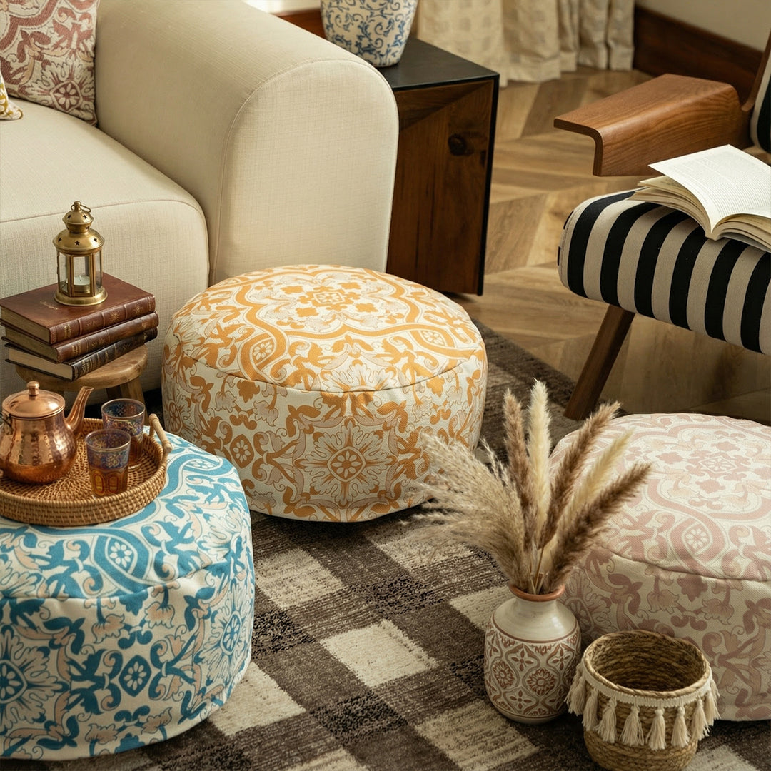 Runder Boden-Pouf mit gewebtem Ornamentmuster und Tragegriff Karnz