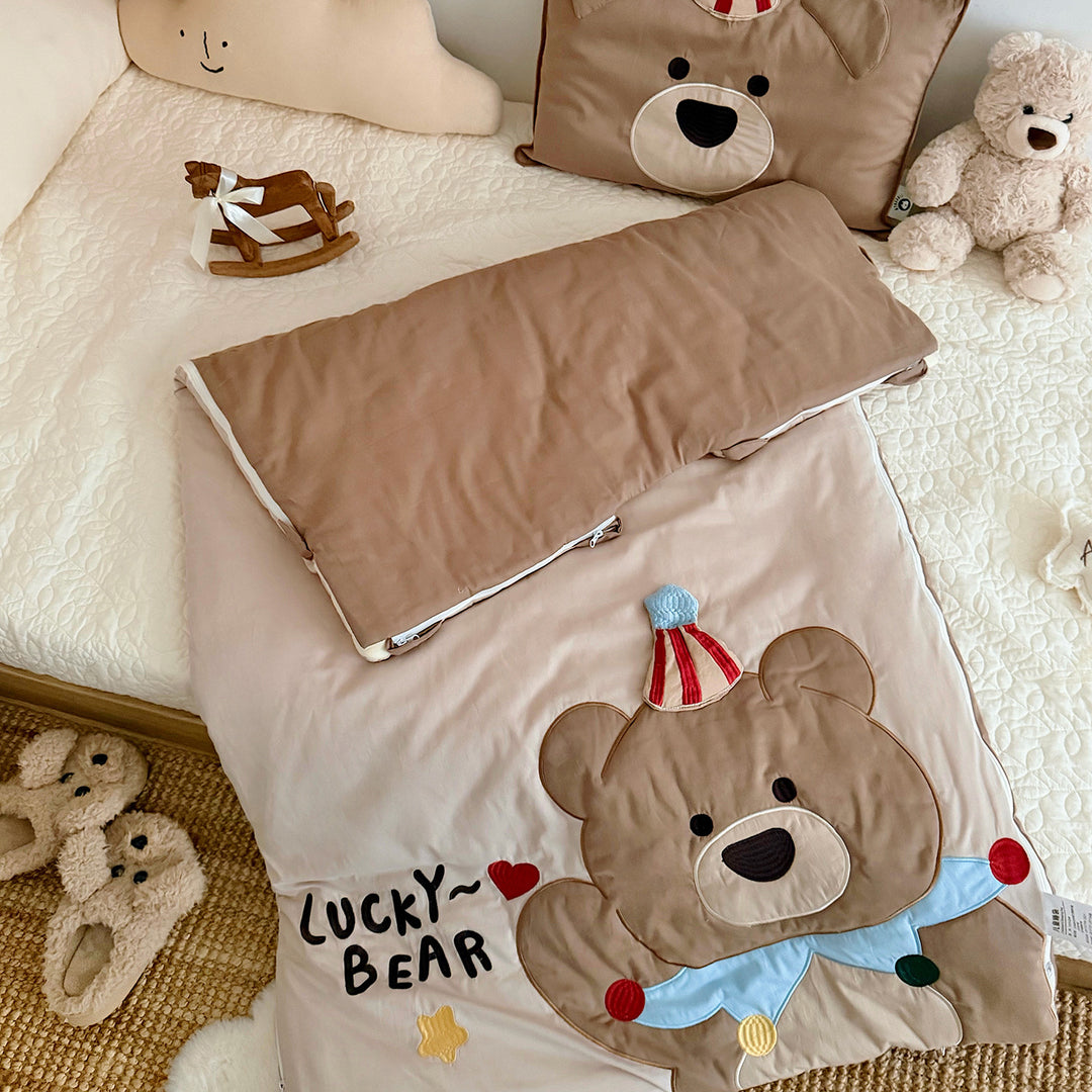 Kinder-Schlafsack und Kissenbezug-Set mit gesteppter Applikation Hundemotiv