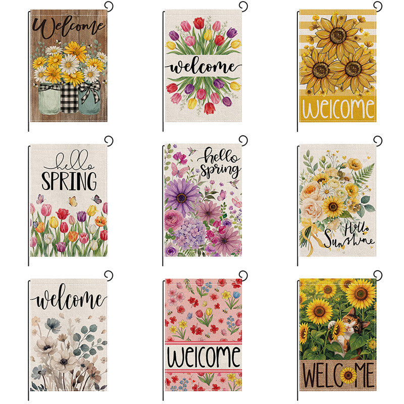 Dekorative Jute-Textur Gartenflagge mit Sonnenblume Katze Willkommen Design