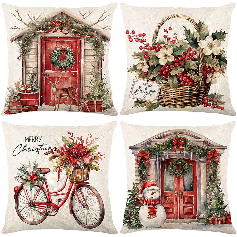 Weihnachtliche dekorative Baumwoll-Leinen-Wurfkissenhülle mit Schneemann und festlicher Aquarell-Illustration der Haustür