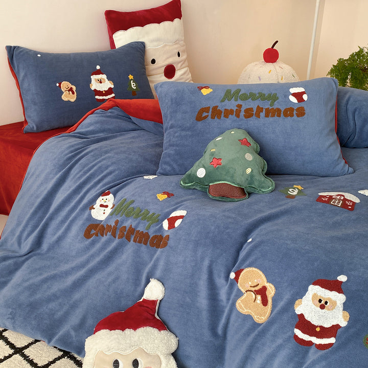 Holiday Embroidered Plush Velvet Reversible Duvet Cover Set with Decorative Pillow Shams
