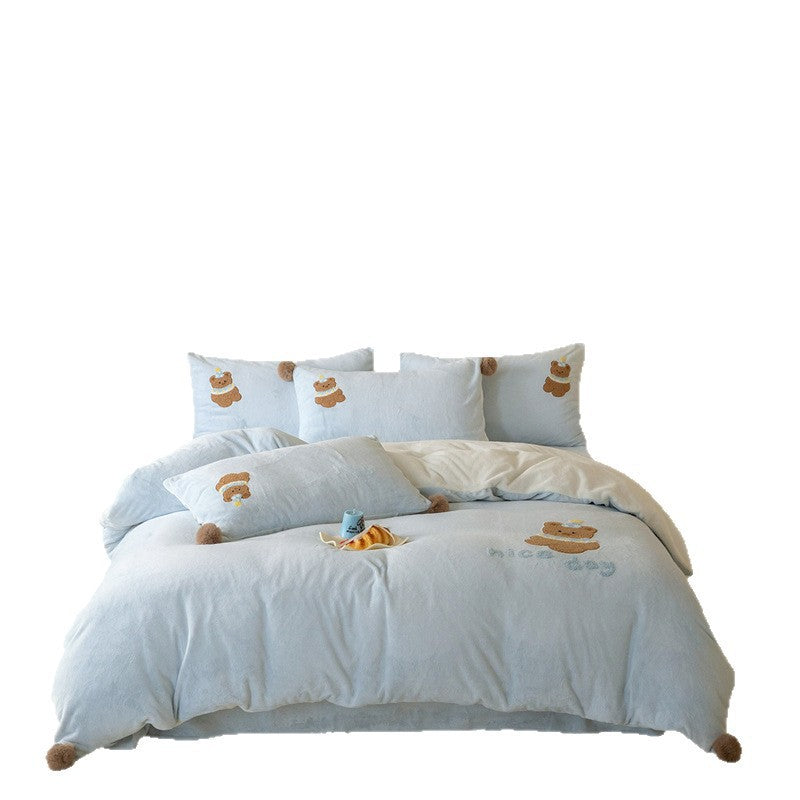 Bestickte Teddy-Plüsch Pom-Pom Bettbezug Set