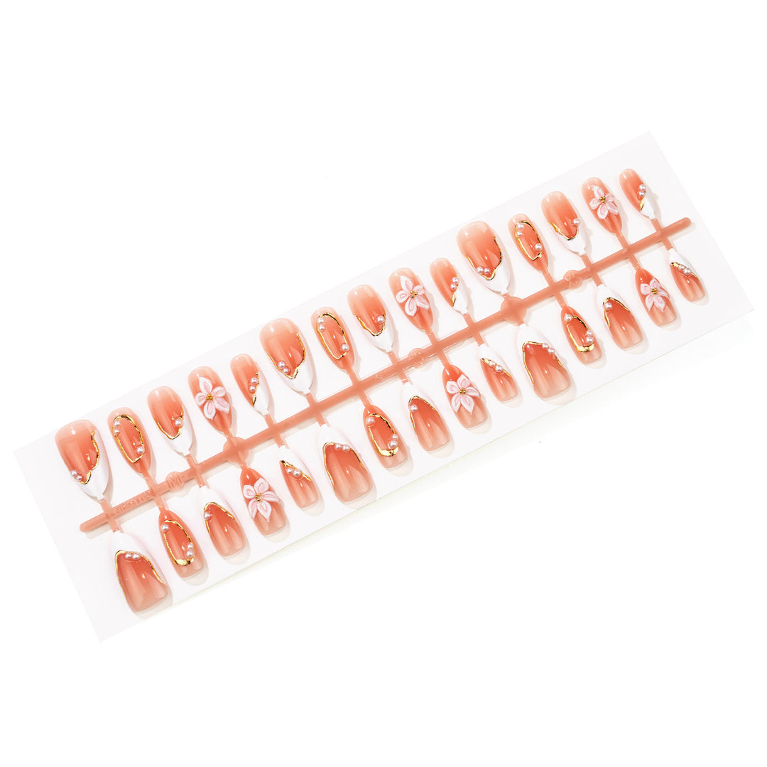 Blumen- und Perlen-verziertes Press-On Nageldesign Set Karnz