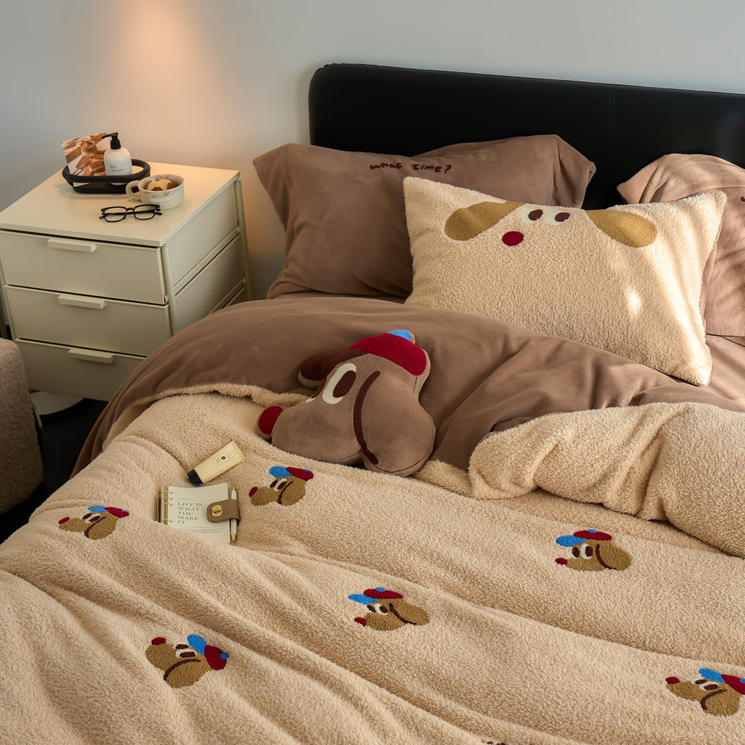 Plüsch Sherpa Besticktes Cartoon Hund Bettbezug Set
