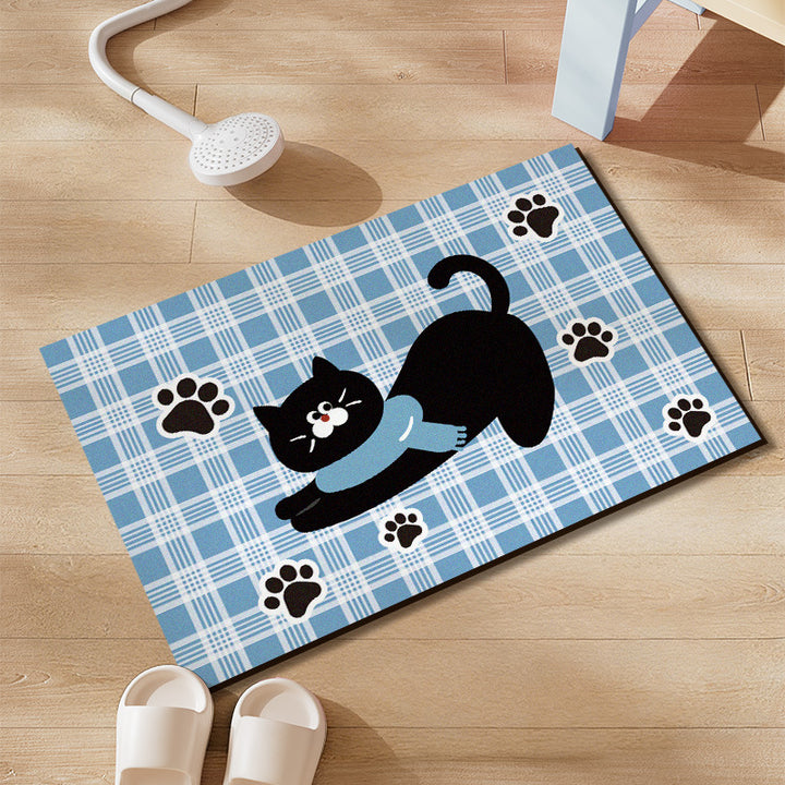 Plush Absorbent Non-Slip Bathroom Door Mat with Cartoon Stretching Cat and Paw Print