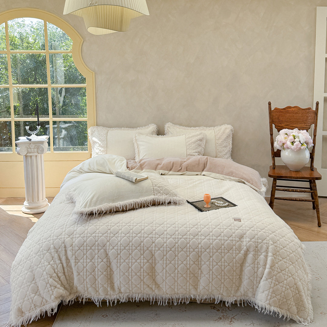 Plush Quilted Reversible Comforter Set with Fringed Sherpa Trim and Decorative Pillow Shams
