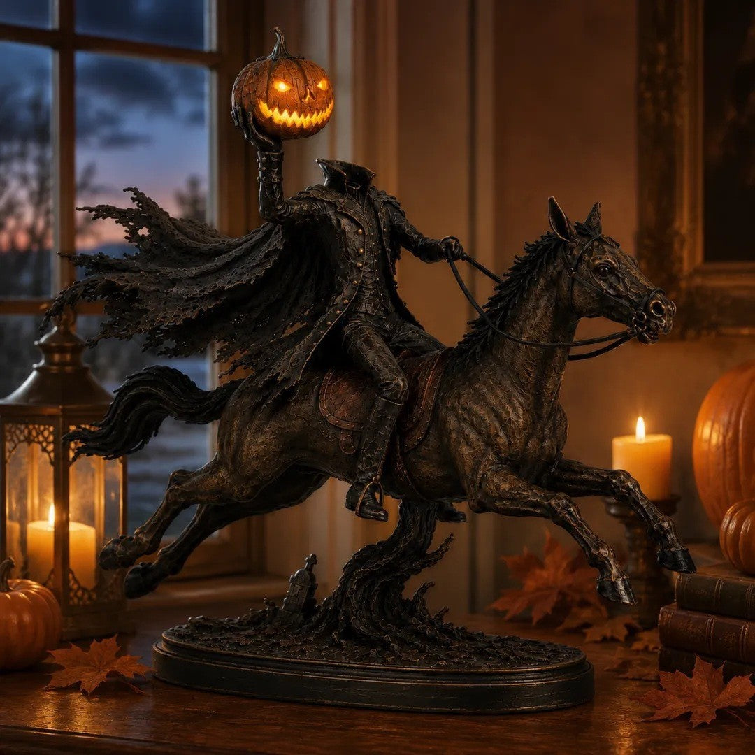 Dekorative Halloweenfigur auf Pferd mit Kürbis Karnz